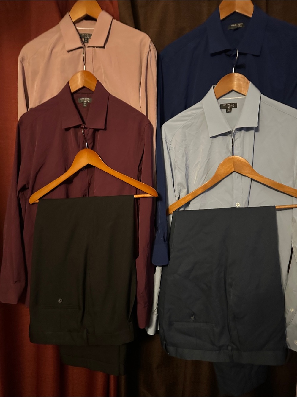 Madison Mens Dress Shirt Lt Blue, Navy, Maroon, and Tan w/ BLK & Blue Pants